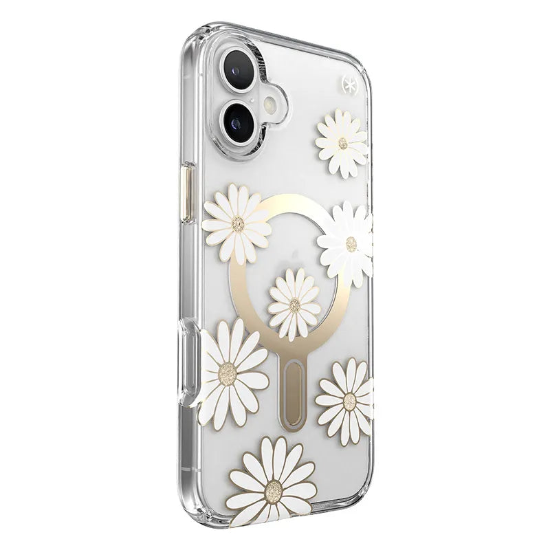 Speck Presidio Lux ClickLock & MagSafe – iPhone 16 Plus dėklas (Sunshine Daisies / Skaidrus / Auksas)