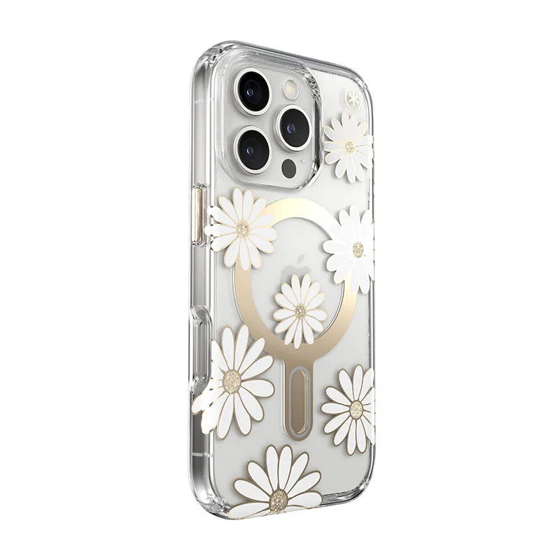 Speck Presidio Lux ClickLock & MagSafe – iPhone 16 Pro dėklas (Sunshine Daisies / Skaidrus / Auksas)