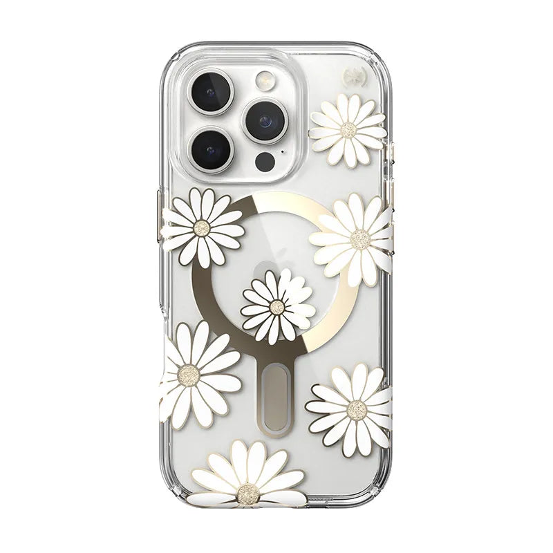 Speck Presidio Lux ClickLock & MagSafe – iPhone 16 Pro dėklas (Sunshine Daisies / Skaidrus / Auksas)