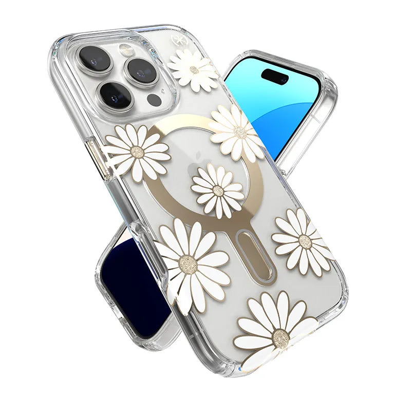 Speck Presidio Lux ClickLock & MagSafe – iPhone 16 Pro dėklas (Sunshine Daisies / Skaidrus / Auksas)