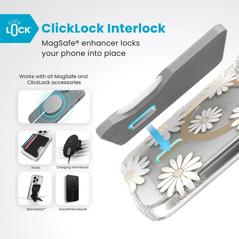 Speck Presidio Lux ClickLock & MagSafe – iPhone 16 Pro dėklas (Sunshine Daisies / Skaidrus / Auksas)