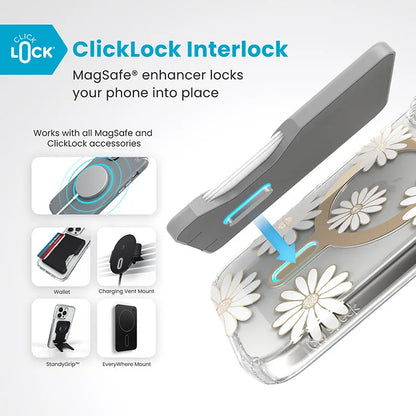 Speck Presidio Lux ClickLock & MagSafe – iPhone 16 Pro dėklas (Sunshine Daisies / Skaidrus / Auksas)