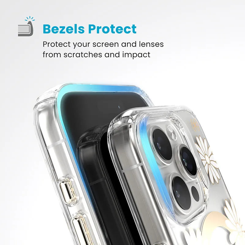 Speck Presidio Lux ClickLock & MagSafe – iPhone 16 Pro dėklas (Sunshine Daisies / Skaidrus / Auksas)