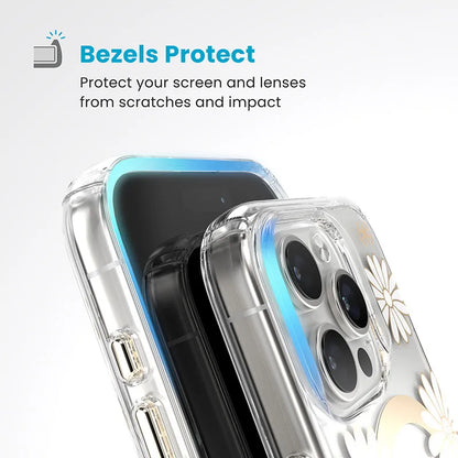 Speck Presidio Lux ClickLock & MagSafe – iPhone 16 Pro dėklas (Sunshine Daisies / Skaidrus / Auksas)
