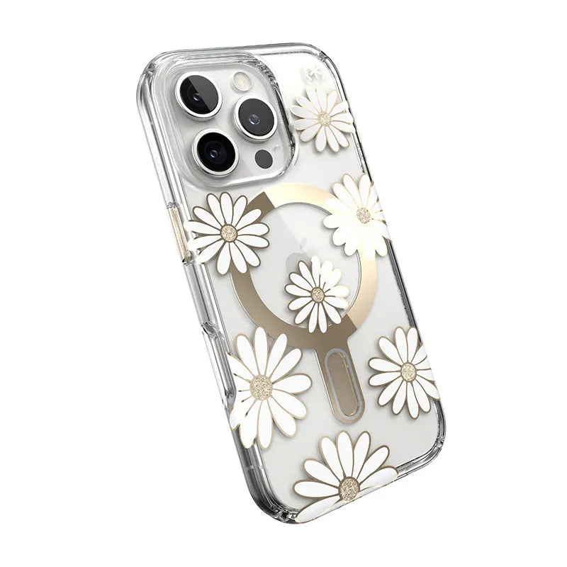Speck Presidio Lux ClickLock & MagSafe – iPhone 16 Pro dėklas (Sunshine Daisies / Skaidrus / Auksas)