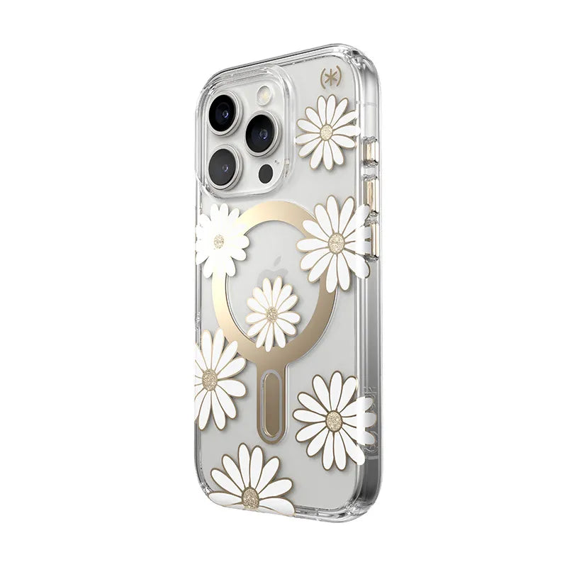Speck Presidio Lux ClickLock & MagSafe – iPhone 16 Pro dėklas (Sunshine Daisies / Skaidrus / Auksas)