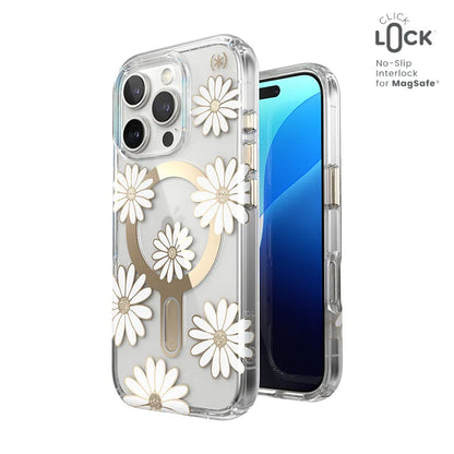 Speck Presidio Lux ClickLock & MagSafe – iPhone 16 Pro dėklas (Sunshine Daisies / Skaidrus / Auksas)