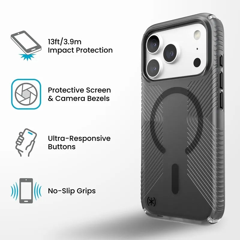 Speck Presidio Lux Grip MagSafe – dėklas, skirtas iPhone 18 Pro / 17 Pro (Obsidian)
