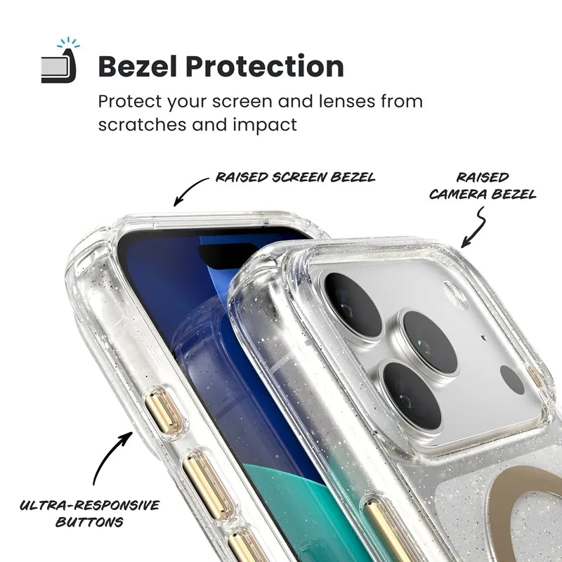 Speck Presidio Lux MagSafe dėklas – iPhone 17 Pro dėklas (Blizgučiai / Auksinis metalas)
