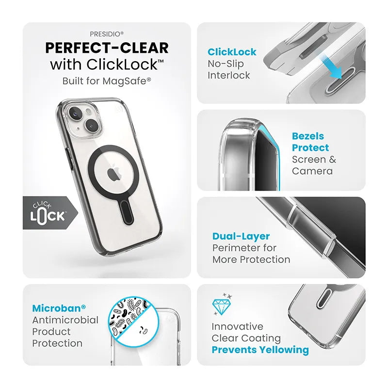 Speck Presidio Perfect-Clear ClickLock ir MagSafe dėklas – iPhone 17e / 16e / 15 / 14 / 13 (Skaidrus / Matinis juodas / Plokščių pilkas)