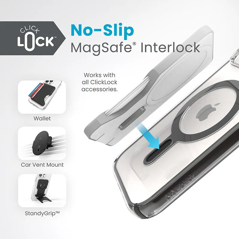 Speck Presidio Perfect-Clear ClickLock ir MagSafe dėklas – iPhone 17e / 16e / 15 / 14 / 13 (Skaidrus / Matinis juodas / Plokščių pilkas)