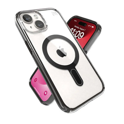 Speck Presidio Perfect-Clear ClickLock ir MagSafe dėklas – iPhone 17e / 16e / 15 / 14 / 13 (Skaidrus / Matinis juodas / Plokščių pilkas)