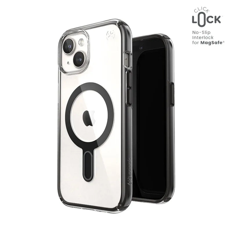 Speck Presidio Perfect-Clear ClickLock ir MagSafe dėklas – iPhone 17e / 16e / 15 / 14 / 13 (Skaidrus / Matinis juodas / Plokščių pilkas)