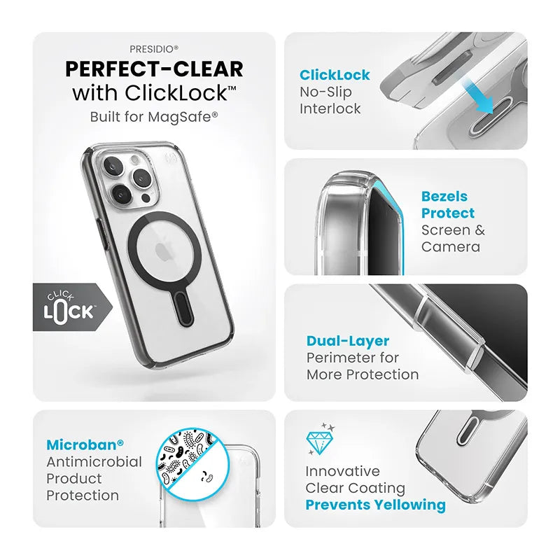 Speck Presidio Perfect-Clear ClickLock ir Magsafe – iPhone 15 Pro dėklas (Skaidrus / Matinis juodas / Lėtas pilkas)