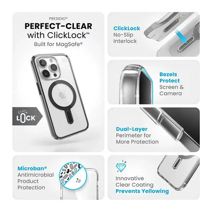 Speck Presidio Perfect-Clear ClickLock ir Magsafe – iPhone 15 Pro dėklas (Skaidrus / Matinis juodas / Lėtas pilkas)