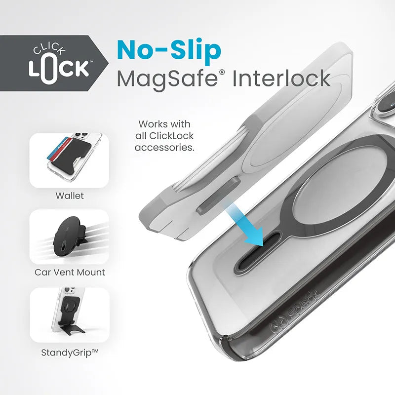 Speck Presidio Perfect-Clear ClickLock ir Magsafe – iPhone 15 Pro dėklas (Skaidrus / Matinis juodas / Lėtas pilkas)