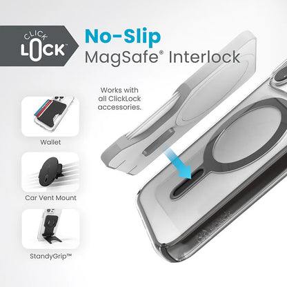 Speck Presidio Perfect-Clear ClickLock ir Magsafe – iPhone 15 Pro dėklas (Skaidrus / Matinis juodas / Lėtas pilkas)