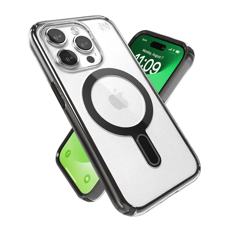 Speck Presidio Perfect-Clear ClickLock ir Magsafe – iPhone 15 Pro dėklas (Skaidrus / Matinis juodas / Lėtas pilkas)