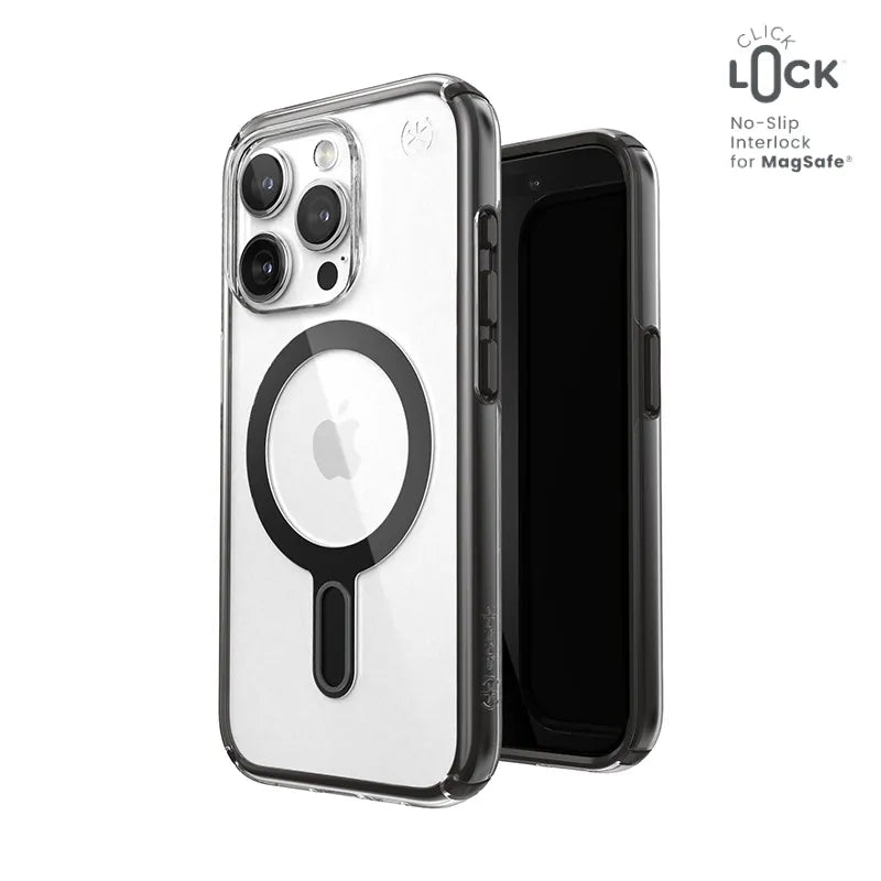 Speck Presidio Perfect-Clear ClickLock ir Magsafe – iPhone 15 Pro dėklas (Skaidrus / Matinis juodas / Lėtas pilkas)