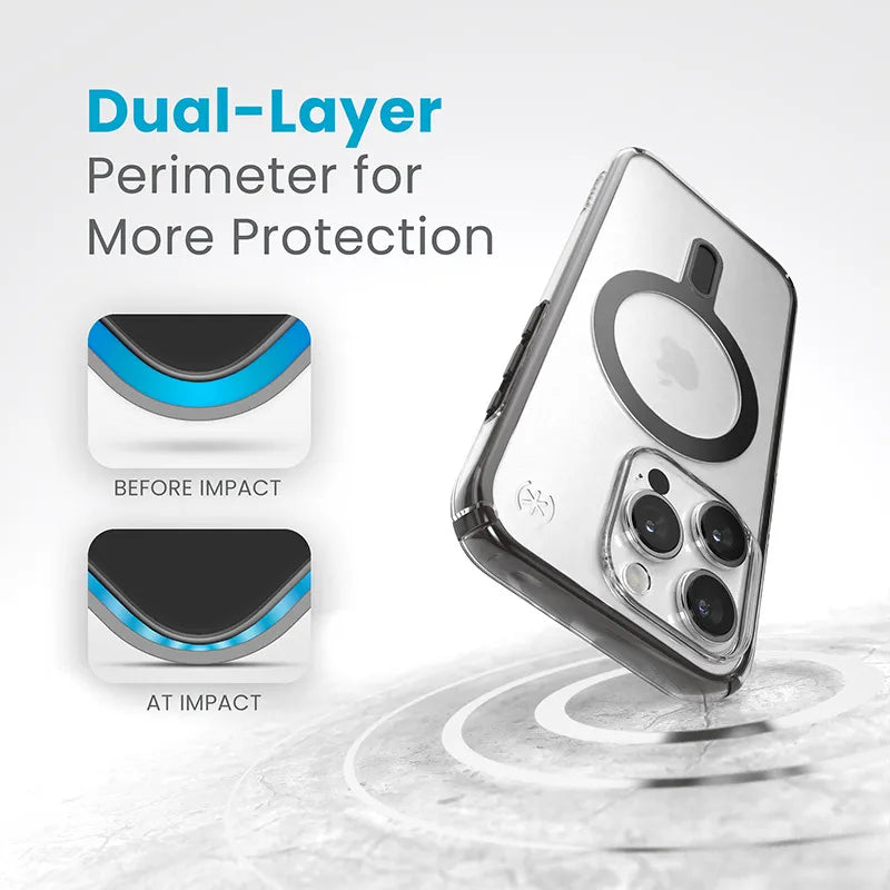 Speck Presidio Perfect-Clear ClickLock ir Magsafe – iPhone 15 Pro dėklas (Skaidrus / Matinis juodas / Lėtas pilkas)