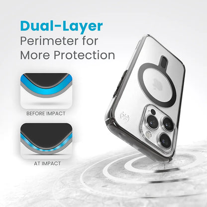 Speck Presidio Perfect-Clear ClickLock ir Magsafe – iPhone 15 Pro dėklas (Skaidrus / Matinis juodas / Lėtas pilkas)