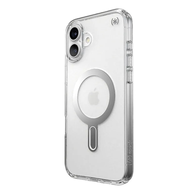 Speck Presidio Perfect-Clear ClickLock & MagSafe dėklas - iPhone 16 Plus dėklas (Skaidrus / Chromo apdaila / Serene Silver)