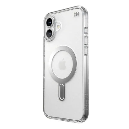Speck Presidio Perfect-Clear ClickLock & MagSafe dėklas - iPhone 16 Plus dėklas (Skaidrus / Chromo apdaila / Serene Silver)