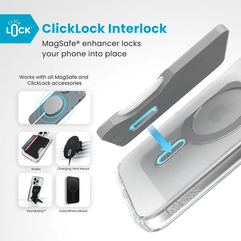 Speck Presidio Perfect-Clear ClickLock & MagSafe dėklas - iPhone 16 Plus dėklas (Skaidrus / Chromo apdaila / Serene Silver)