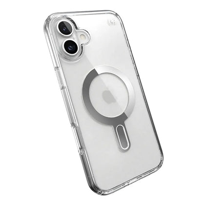 Speck Presidio Perfect-Clear ClickLock & MagSafe dėklas - iPhone 16 Plus dėklas (Skaidrus / Chromo apdaila / Serene Silver)