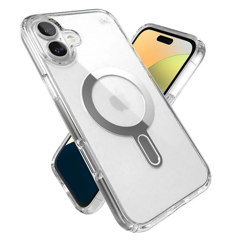 Speck Presidio Perfect-Clear ClickLock & MagSafe dėklas - iPhone 16 Plus dėklas (Skaidrus / Chromo apdaila / Serene Silver)