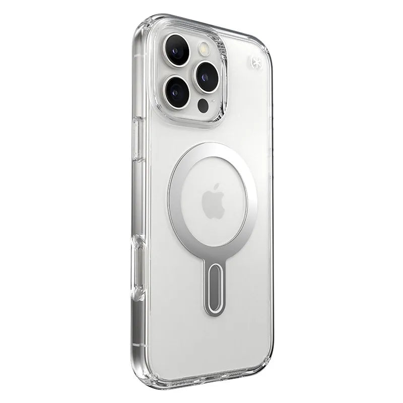 Speck Presidio Perfect-Clear ClickLock & MagSafe – dėklas iPhone 16 Pro Max (Skaidrus / Chromo apdaila / Serene Silver)