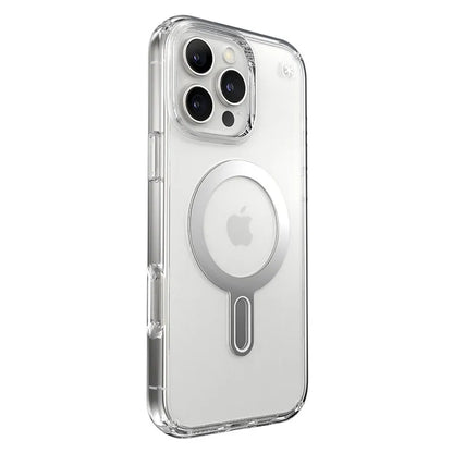 Speck Presidio Perfect-Clear ClickLock & MagSafe – dėklas iPhone 16 Pro Max (Skaidrus / Chromo apdaila / Serene Silver)