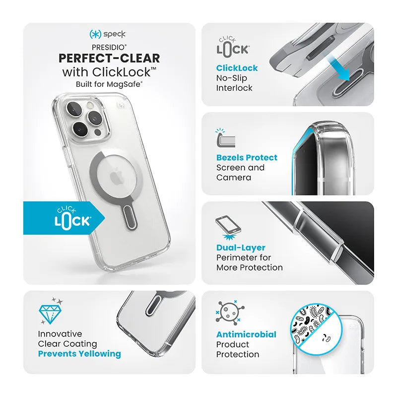 Speck Presidio Perfect-Clear ClickLock & MagSafe – dėklas iPhone 16 Pro Max (Skaidrus / Chromo apdaila / Serene Silver)