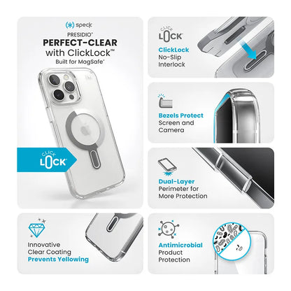 Speck Presidio Perfect-Clear ClickLock & MagSafe – dėklas iPhone 16 Pro Max (Skaidrus / Chromo apdaila / Serene Silver)