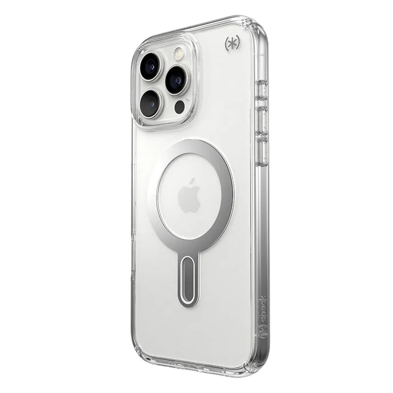 Speck Presidio Perfect-Clear ClickLock & MagSafe – dėklas iPhone 16 Pro Max (Skaidrus / Chromo apdaila / Serene Silver)