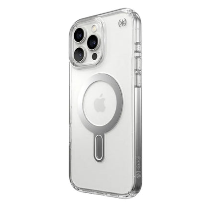 Speck Presidio Perfect-Clear ClickLock & MagSafe – dėklas iPhone 16 Pro Max (Skaidrus / Chromo apdaila / Serene Silver)