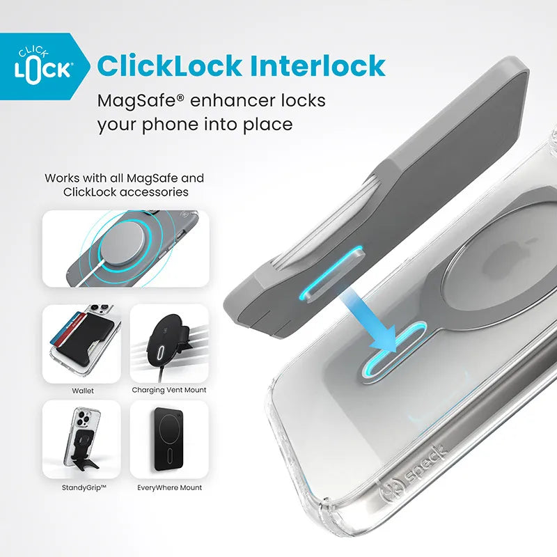 Speck Presidio Perfect-Clear ClickLock & MagSafe – dėklas iPhone 16 Pro Max (Skaidrus / Chromo apdaila / Serene Silver)