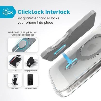 Speck Presidio Perfect-Clear ClickLock & MagSafe – dėklas iPhone 16 Pro Max (Skaidrus / Chromo apdaila / Serene Silver)