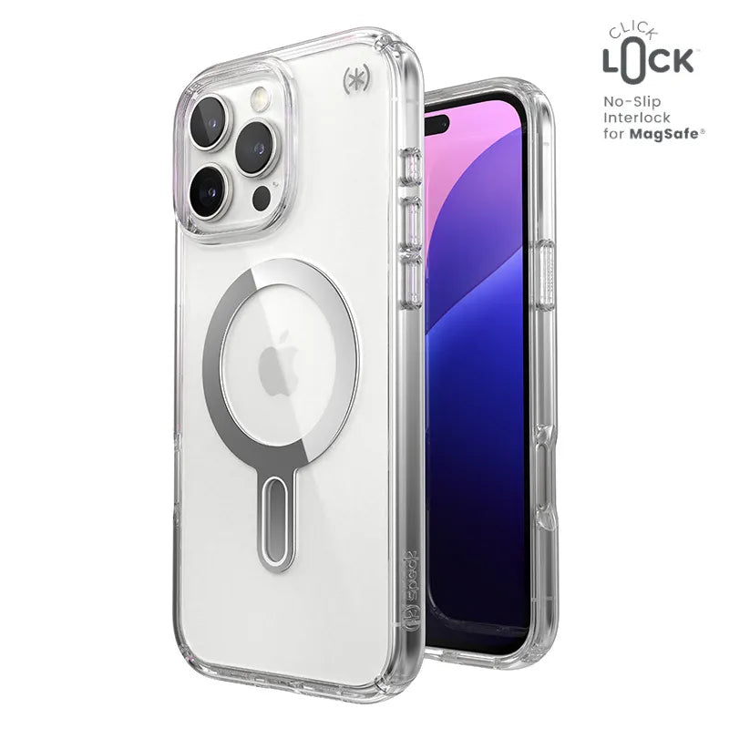 Speck Presidio Perfect-Clear ClickLock & MagSafe – dėklas iPhone 16 Pro Max (Skaidrus / Chromo apdaila / Serene Silver)