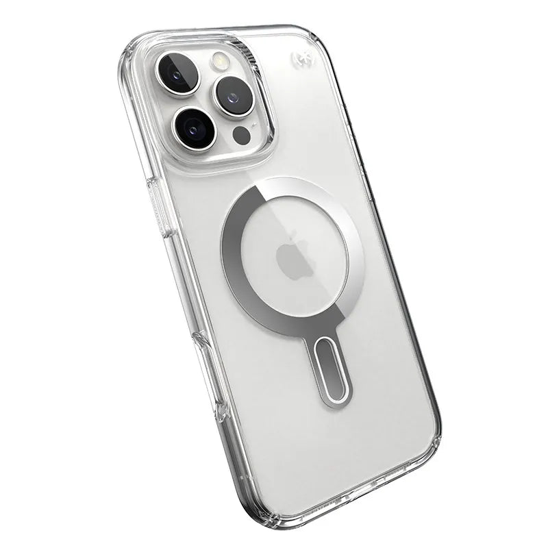 Speck Presidio Perfect-Clear ClickLock & MagSafe – dėklas iPhone 16 Pro Max (Skaidrus / Chromo apdaila / Serene Silver)