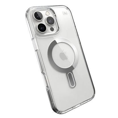 Speck Presidio Perfect-Clear ClickLock & MagSafe – dėklas iPhone 16 Pro Max (Skaidrus / Chromo apdaila / Serene Silver)