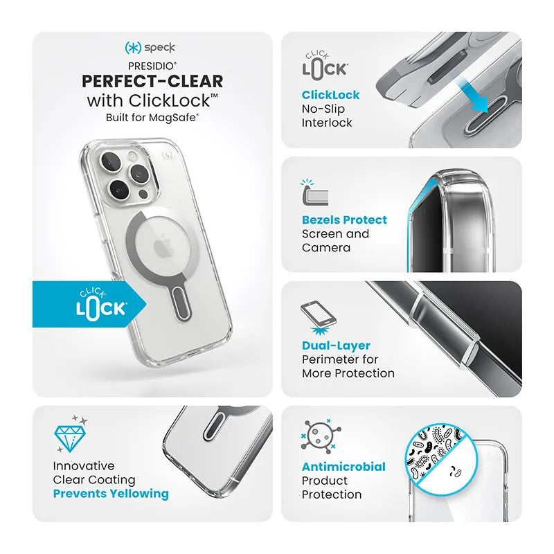 Speck Presidio Perfect-Clear ClickLock & MagSafe – dėklas iPhone 16 Pro (Skaidrus / Chromuotos apdailos / Serene Silver)
