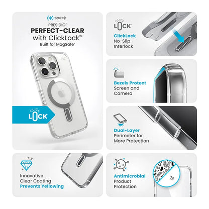 Speck Presidio Perfect-Clear ClickLock & MagSafe – dėklas iPhone 16 Pro (Skaidrus / Chromuotos apdailos / Serene Silver)