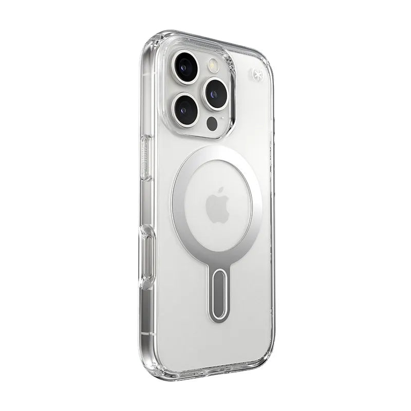Speck Presidio Perfect-Clear ClickLock & MagSafe – dėklas iPhone 16 Pro (Skaidrus / Chromuotos apdailos / Serene Silver)