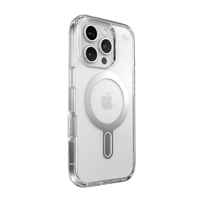 Speck Presidio Perfect-Clear ClickLock & MagSafe – dėklas iPhone 16 Pro (Skaidrus / Chromuotos apdailos / Serene Silver)