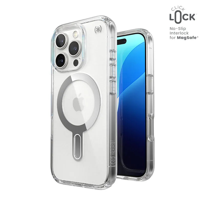 Speck Presidio Perfect-Clear ClickLock & MagSafe – dėklas iPhone 16 Pro (Skaidrus / Chromuotos apdailos / Serene Silver)