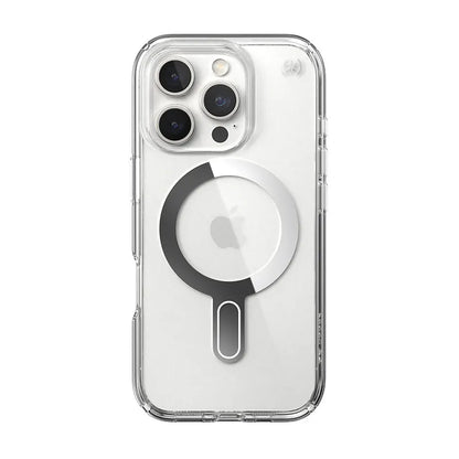 Speck Presidio Perfect-Clear ClickLock & MagSafe – dėklas iPhone 16 Pro (Skaidrus / Chromuotos apdailos / Serene Silver)