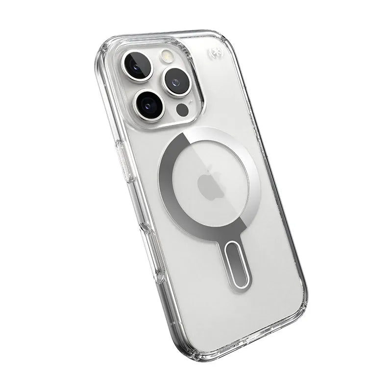 Speck Presidio Perfect-Clear ClickLock & MagSafe – dėklas iPhone 16 Pro (Skaidrus / Chromuotos apdailos / Serene Silver)