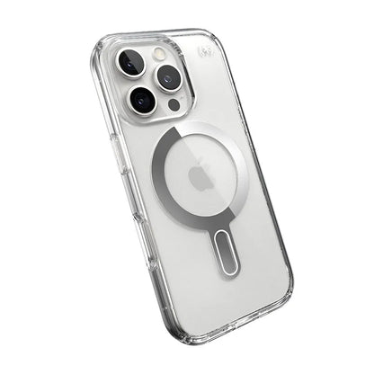Speck Presidio Perfect-Clear ClickLock & MagSafe – dėklas iPhone 16 Pro (Skaidrus / Chromuotos apdailos / Serene Silver)