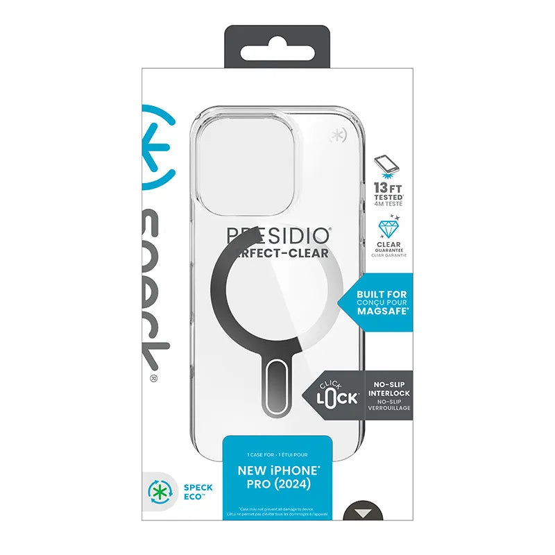 Speck Presidio Perfect-Clear ClickLock & MagSafe – dėklas iPhone 16 Pro (Skaidrus / Chromuotos apdailos / Serene Silver)